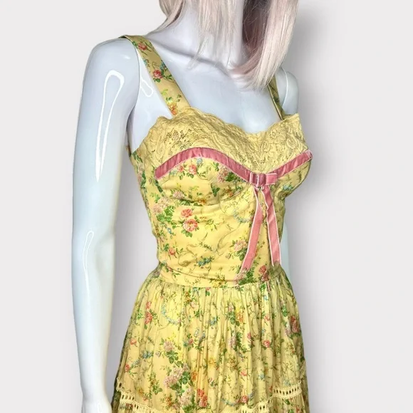 Kitten D’Amour Cottage Core, Fairy, Yellow Floral, Pink Lace Bow Dress - Picture 6 of 11